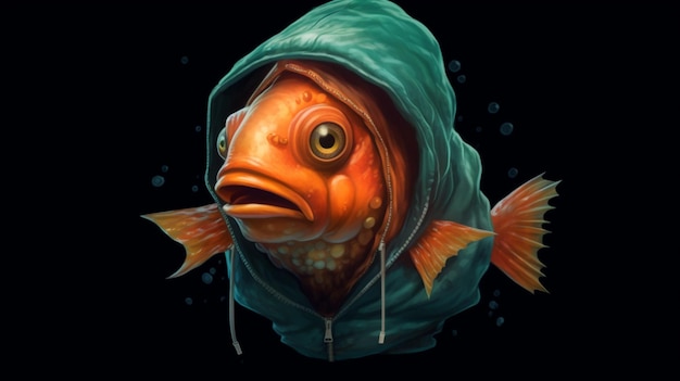 A digital illustration of a fish wearing a hoodie