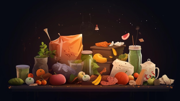A digital illustration of food and drinks on a table.