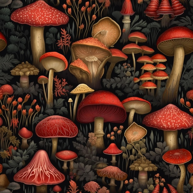 A digital illustration of a forest scene with a variety of mushrooms.