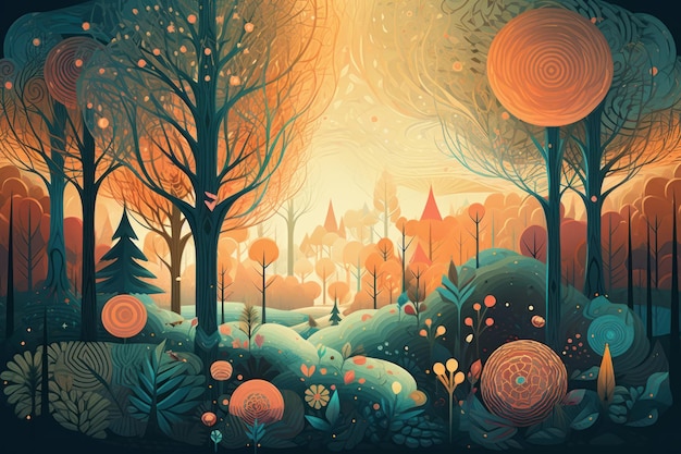 A digital illustration of a forest with a castle in the background.