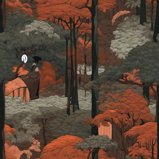 A digital illustration of a forest with a person on the top of it.