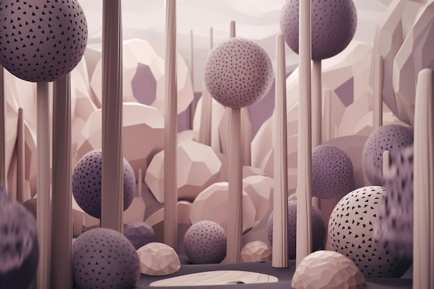 A digital illustration of a forest with purple and white paper.