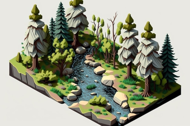 Photo a digital illustration of a forest with a stream and trees.