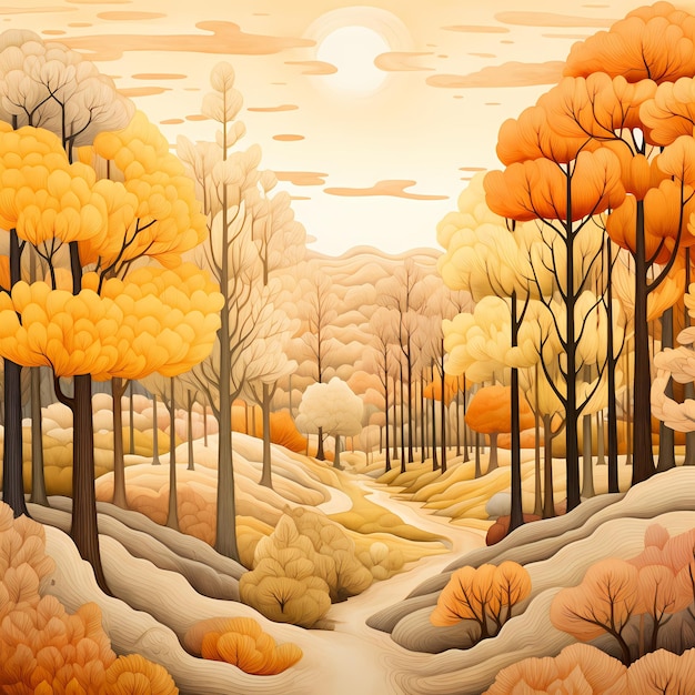 Цифровая иллюстрация леса с деревьями и снегом на земле.