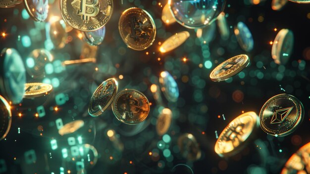 Photo digital illustration of futuristic cryptocurrencies including bitcoin ethereum and litecoin