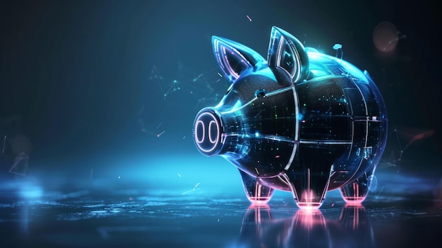 Digital illustration of a futuristic piggy bank with a holographic glow generative ai