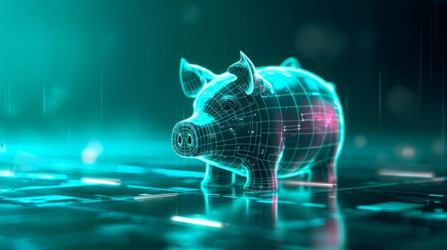 Photo digital illustration of a futuristic piggy bank with a holographic glow generative ai