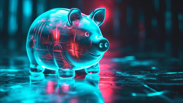 Digital illustration of a futuristic piggy bank with a holographic glow generative ai