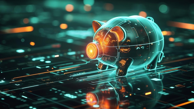 Photo digital illustration of a futuristic piggy bank with a holographic glow generative ai