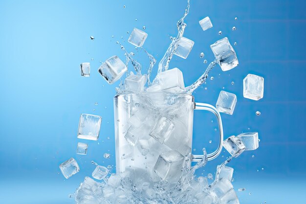 Digital illustration of glass cup with ice cubes inside blue background Generative AI