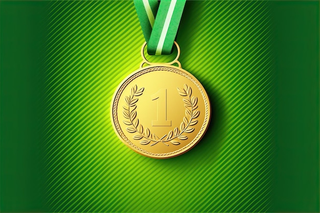 Digital illustration of gold medal with number 1, green background. Generative AI