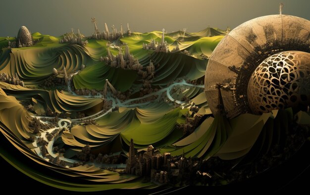 A digital illustration of a green planet with a large dome and a city in the background.