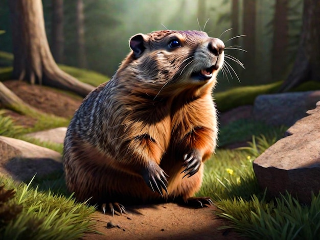 Photo digital illustration of a groundhog looking at his shadow