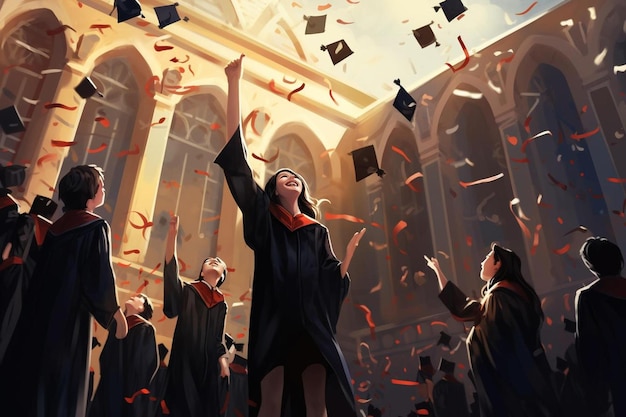 A digital illustration of a group of people celebrating with their hands raised.