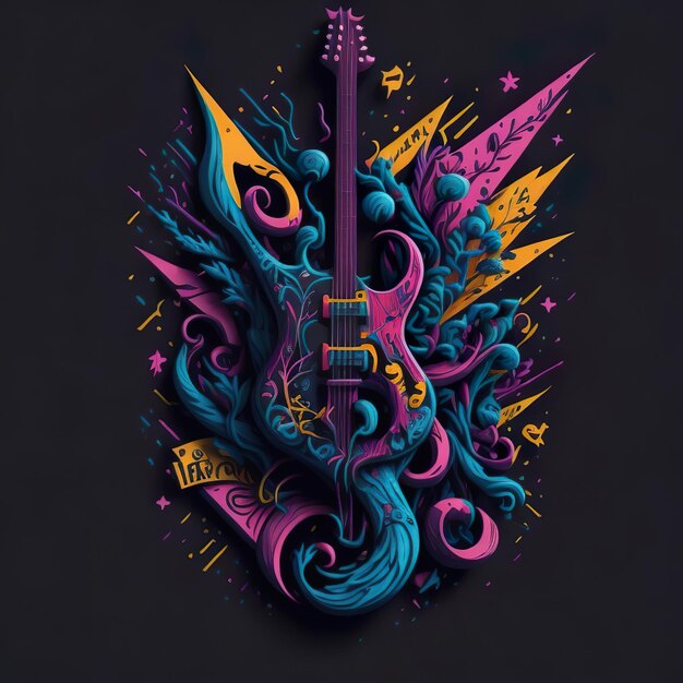 A digital illustration of a guitar with a blue and pink design.