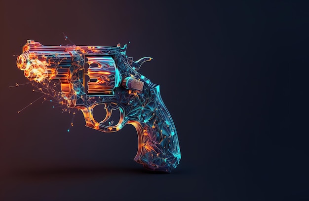 A digital illustration of a gun painted with glowing neon\
lights with black empty space
