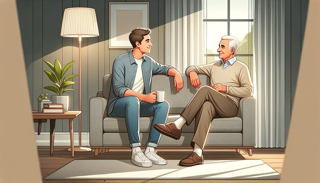 A digital illustration of a heartwarming scene in a cozy living room The image shows a young child