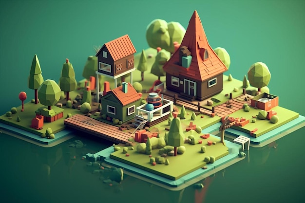 Цифровая иллюстрация дома у озера