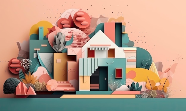 A digital illustration of a house with a blue background and a house with a red roof abstract house trendy paper collage design generative AI