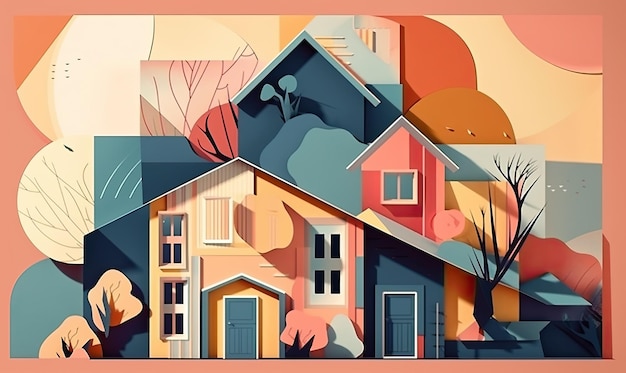 赤い屋根の家と青い背景の家のデジタルイラスト 抽象的な家 流行の紙コラージュ デザイン ジェネレーティブなAI