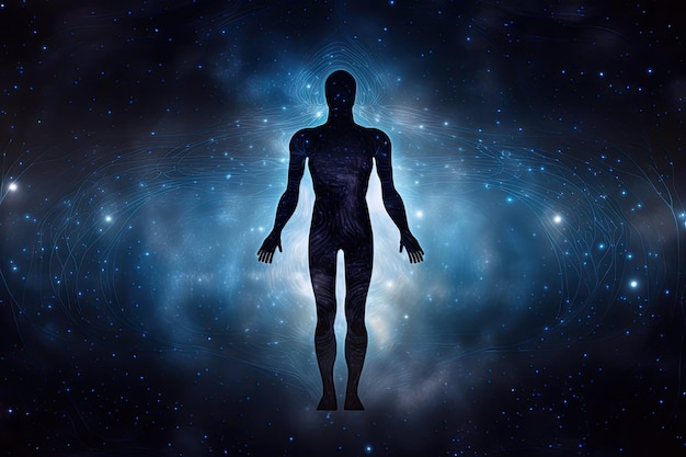 Цифровая иллюстрация человеческого тела на космическом фоне со звездами и туманностью Силуэт астрального тела на абстрактном космическом фоне Генерируется AI