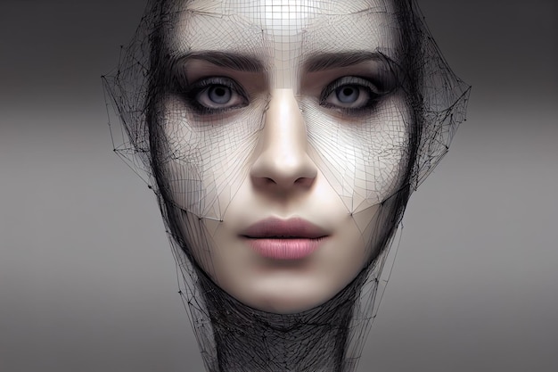 Digital illustration human face with abstract web structure Artificial intelligence concept