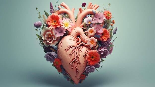 Digital illustration of human heart with flowers in hands