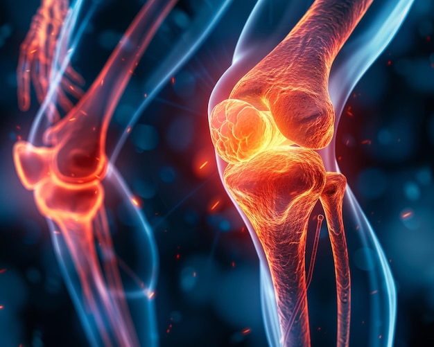 Photo digital illustration of a human knee joint anatomy with highlighted bone structure