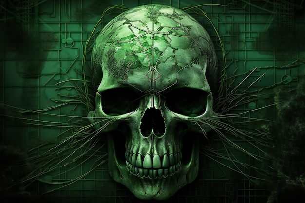 Digital illustration of a human skull in green digital background with binary code