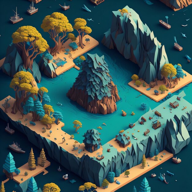 A digital illustration of a island with trees and mountains.