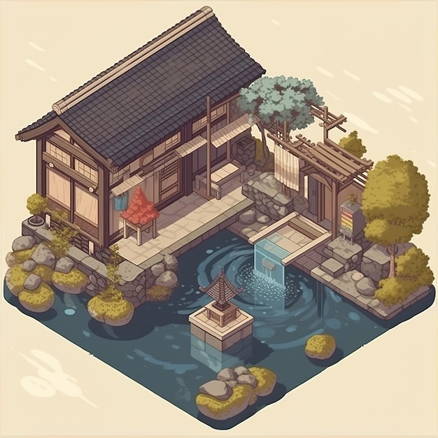 A digital illustration of a japanese house with a waterfall in the water.