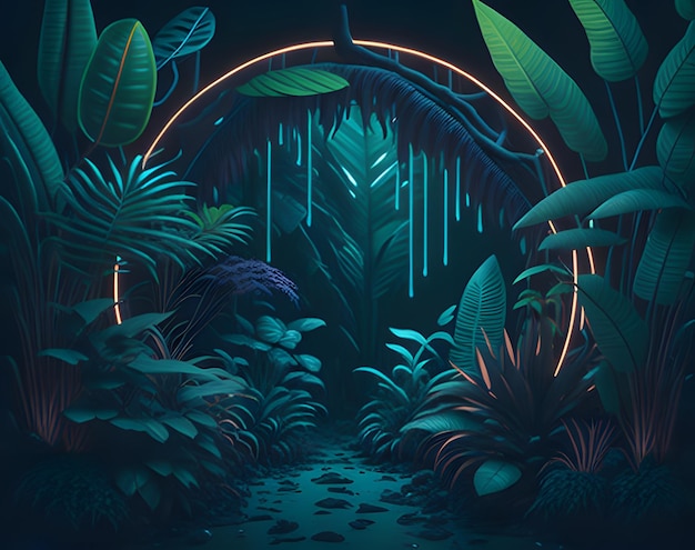 A digital illustration of a jungle with a blue light and a jungle scene.