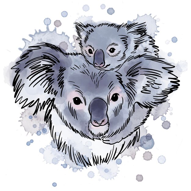 Photo digital illustration of koala mom and baby portrait with watercolor spots