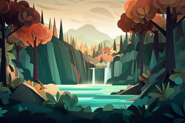 A digital illustration of a lake surrounded by trees and mountains.