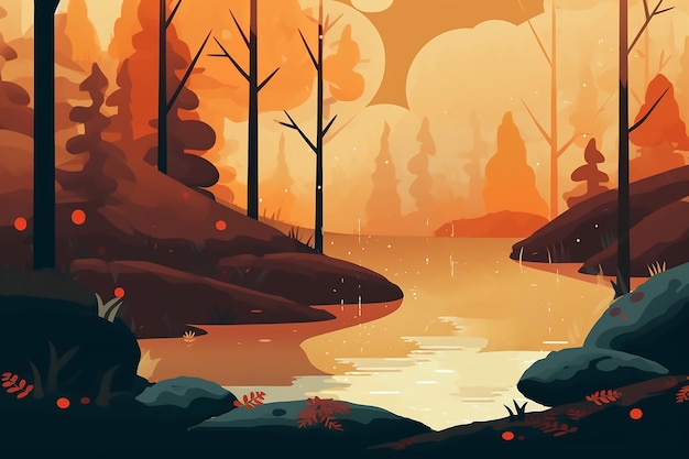 A digital illustration of a lake with a forest in the background.