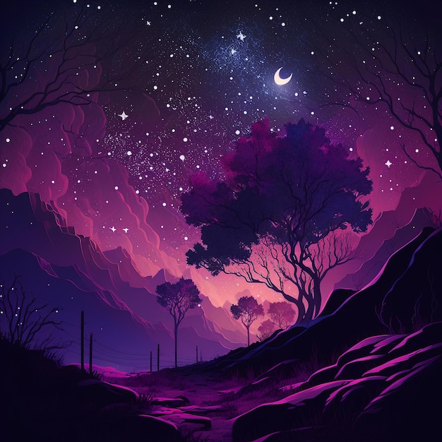 A digital illustration of a landscape with a moon and stars.