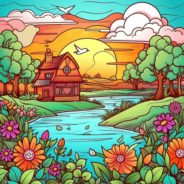 a digital illustration of a landscape with a river and a house.