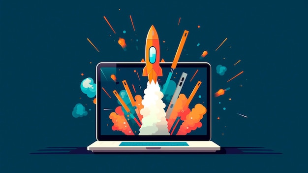 Digital illustration of laptop and rocket Generative AI