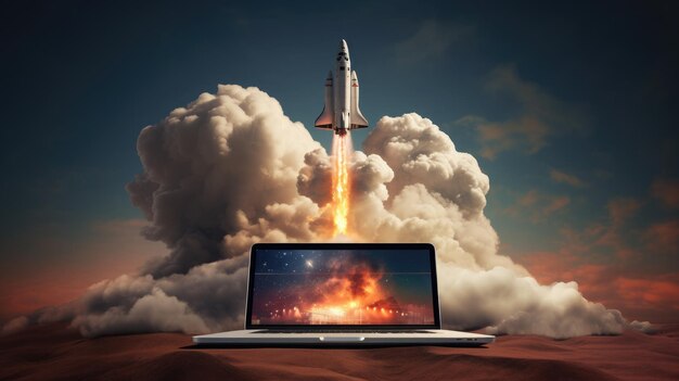 Digital illustration of laptop and space rocket shuttle launching with a cloud of Startup succ