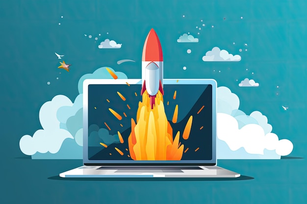 Digital illustration of laptop with rocket taking off on blue background Generative AI