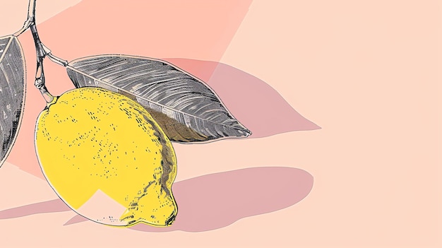 A digital illustration of a lemon The lemon is yellow and has a green stem and leaves The background is a light pink color