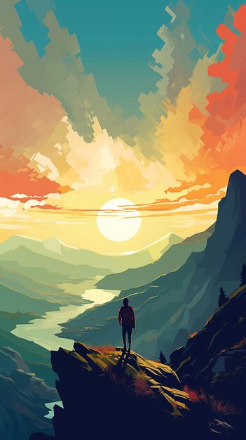 Digital illustration lone hiker on a mountain generative ai