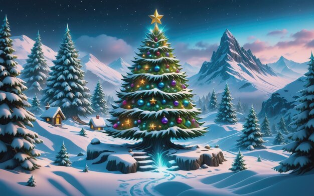 Digital illustration of magic christmas tree