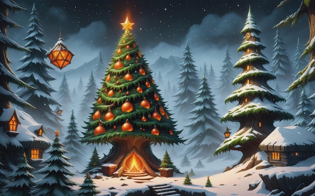 Digital illustration of magic christmas tree