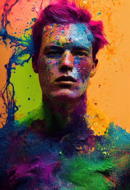 Digital illustration of a man covered in bright multicolor paint splashes and powder