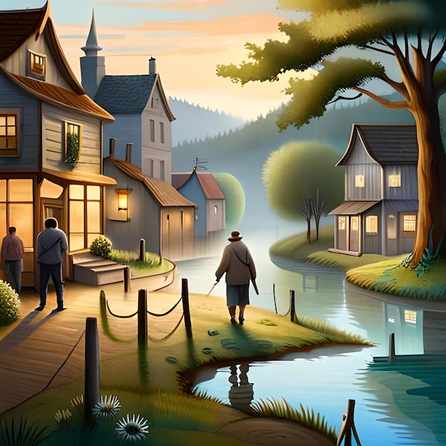 A digital illustration of a man walking down a path with a house and a river with a house in the background.