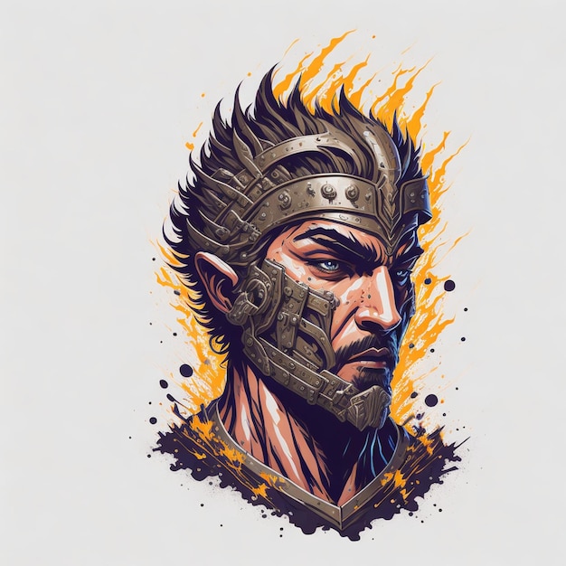 A digital illustration of a man with a helmet and a fire on his head.