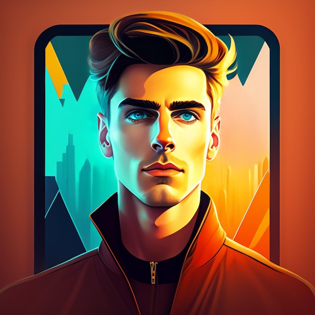 A digital illustration of a man with a red jacket and blue eyes.