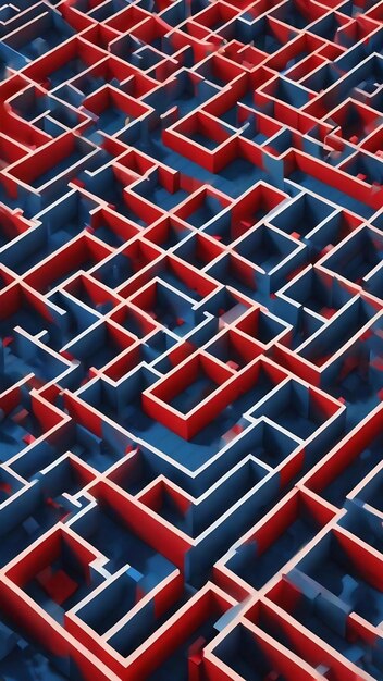 A digital illustration of a maze with blue and red lines and squares