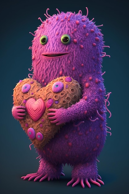 A digital illustration of a monster holding a heart shaped cookie